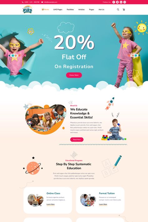 Kidscool is a versatile WordPress theme designed for children, kids, and schools. With its user-friendly interface and comprehensive features, including course management, event calendars, and student profiles, Kidscool makes it easy to create an immersive online learning environment. The theme is fully responsive and customizable, allowing you to create a site that reflects your brand and personality. Kids Website Design Inspiration, Kids Website Design, Kindergarten Website, Playful Website Design, Website Layout Template, Kids Learning Apps, Graphic Designer Studio, Website Design Inspiration Layout, Kids Web