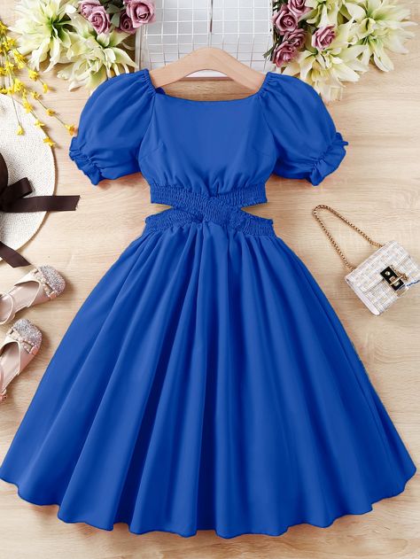 Royal Blue Casual Collar Short Sleeve Woven Fabric Plain A Line Embellished Non-Stretch  Teen Girls Clothing Royal Blue Baby Girl Dress, 8th Grade Grad Dresses, Confirmation Dresses For Teens, Cute Blue Outfits, Royal Blue Dress Outfit, Teenager Dress, Girls Jeans Top, Sleeveless Dress Outfit, Farewell Dresses