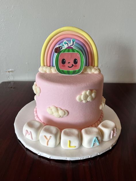 Rainbow Smash Cake, Cocomelon Rainbow, Rainbow Smash Cakes, Moana Birthday Cake, Girls First Birthday Cake, Half Birthday Cakes, Second Birthday Cakes, Melon Cake, Coco Melon