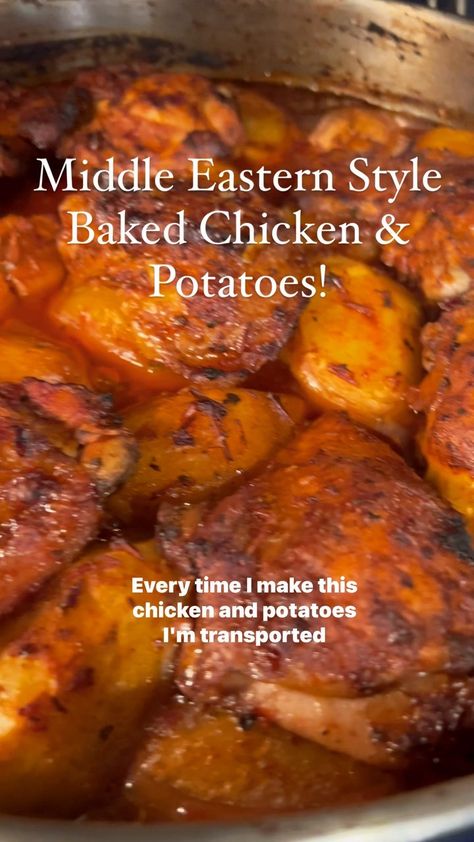 Mary Markarian | EASY MIDDLE EASTERN CHICKEN & POTATOES! (With a twist 🍷)The best part…ONE PAN! The aroma! The flavors! It doesn’t get much better💕 While a… | Instagram Lebanese Baked Chicken With Potatoes, Chicken Leg Recipes With Potatoes, Middle Eastern Roast Chicken, Arabic Chicken Recipes Middle East, Middle Eastern Chicken And Potatoes, Lebanese Chicken And Potatoes, Armenian Chicken Recipes, Middle East Chicken Recipes, Arab Chicken Recipes