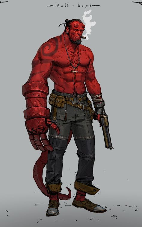 Comic Character Ideas, Hellboy Redesign, Hellboy Comic Art, Hellboy Concept Art, Hellboy Samaritan, Hellboy Drawing, Hellboy Fanart, Hellboy Characters, Hellboy Wallpaper