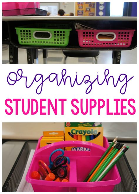 Organize student supplies. This post shares organizational strategies. Includes departmentalization ideas too! Student Supply Organization, Desk Organisation Student, Student Desk Organization, Classroom Supplies Organization, Classroom Organization Elementary, Student Supplies, School Desks, Education Organization, First Grade Classroom