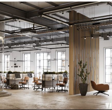 Converted Warehouse Office, Urban Office Design Industrial Style, Office Interior Industrial, Loft Style Office Design, Office Industrial Design Work Spaces, Industrial Workplace Design, Industrial Business Interior, Rustic Commercial Office, Modern Rustic Office Design