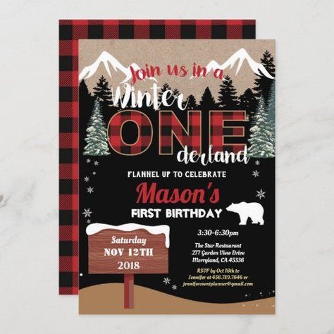 Lumberjack First Birthday, First Birthday Winter, Winter Onederland Party, Onederland Birthday Party, Boys First Birthday Party Ideas, Winter Onederland Birthday, Bear Invitations, Plaid Material, Winter Onederland