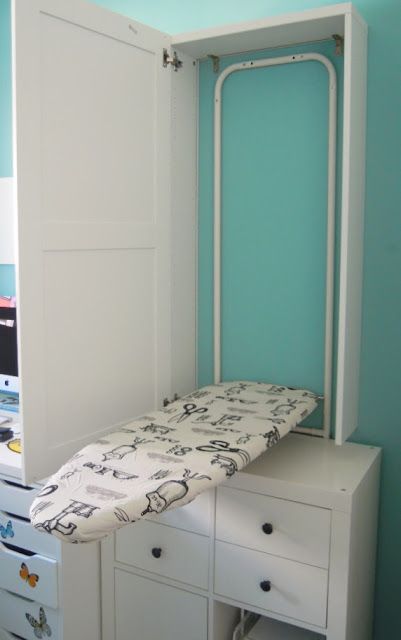 Ironing board cabinet - hang our over the door iron on the wall instead of the the door. Ikea Ironing Board, Inspiration Dressing, Ironing Board Cabinet, Camera Studio, Diy Sewing Table, Ironing Boards, Sewing Room Design, Ikea Hackers, Laundry Room Storage