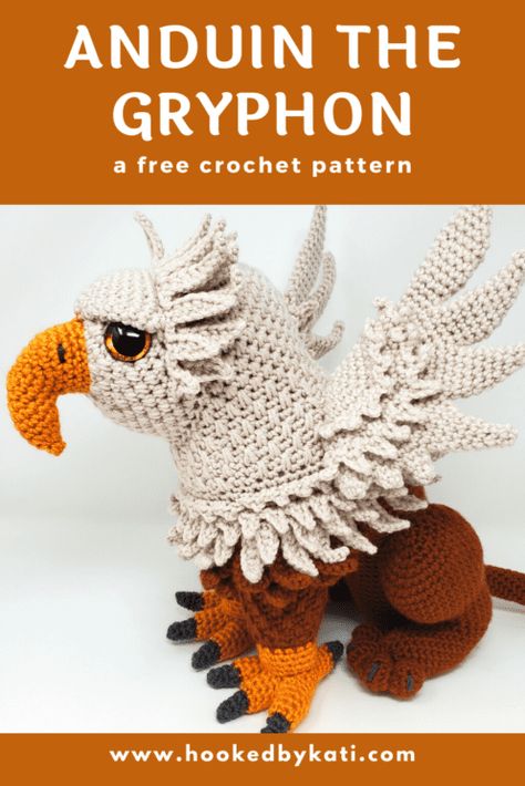 Griffin Crochet Pattern, Hooked By Kati, Crochet Mythical Creatures Free Pattern, 2d Crochet Patterns, Crochet Gargoyle, Free Bird Crochet Pattern, Crochet Griffin, Crochet Mythical Creatures, Harry Potter Crochet Patterns Free