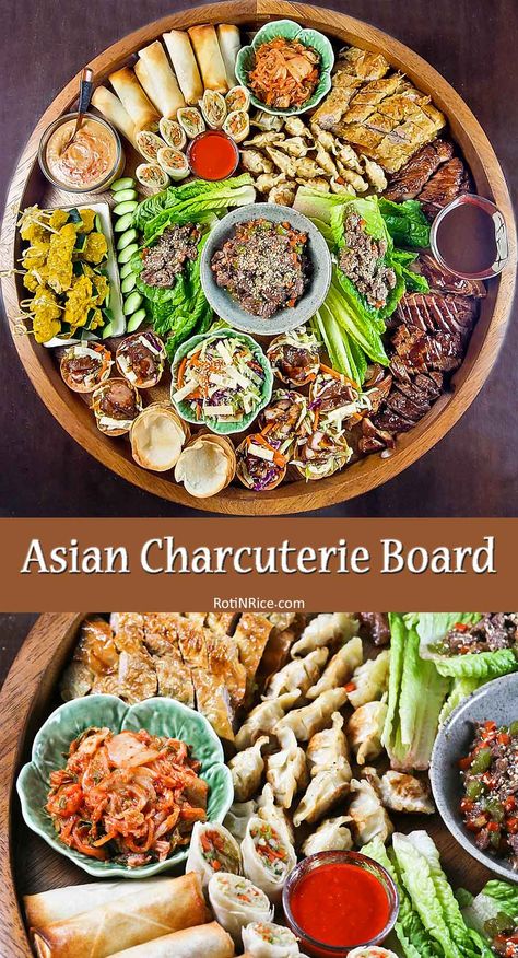 Asian Charcuterie Board, Asian Food Party, Asian Platters, Charcuterie Board Food, Charcuterie Lunch, Asain Food, Asian Appetizers, Wonton Cups, Meat Rolls