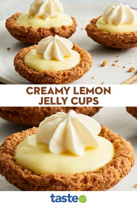 Creamy Lemon Jelly Cups, Butternut Snap Tartlets, Tea Cup Biscuits, Biscuit Cup Recipes, Butternut Snap Biscuit Recipes, Biscuit Base Tart, Biscuit Base Recipe, Lemon Cups, Jelly Slice