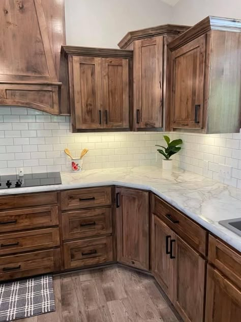 Black Cabinets White Walls Kitchen, Oak Cupboard Makeover, Stained Pine Kitchen Cabinets, Wood Colored Cabinets Kitchen, Modern Farmhouse Kitchen Brown Cabinets, Kitchens With Medium Brown Cabinets, Kitchen Remodel Idea 2023, Grey Brown Flooring Kitchen, Natural Stained Cabinets