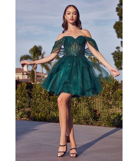 Emerald Glitter Tulle Off Shoulder Corset Mini Dress - Unique Vintage - Womens, DRESSES, PROM AND SPECIAL OCCASION Mid Length Corset Prom Dress, Green Formal Dress Short Lace, Short Prom Dresses Off The Shoulder, Emerald Green Homecoming Dresses Short, Emerald Green Prom Dress Short, Fantasy Dress Short, Green Prom Dress Short, Glitter Dress Outfit, Homecoming Dresses Off The Shoulder