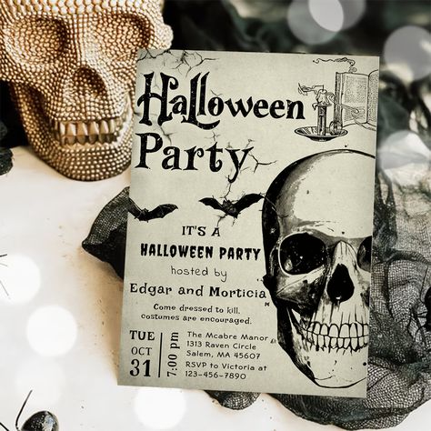 Adult Halloween Party Vintage Gothic Skull Invitat Invitation Halloween Party Host, Halloween Cocktail Party, Pumpkin Patch Party, Vampire Party, Annual Halloween Party, Halloween Party Invitation, Adult Halloween Party, Halloween Cocktails, Halloween Bash