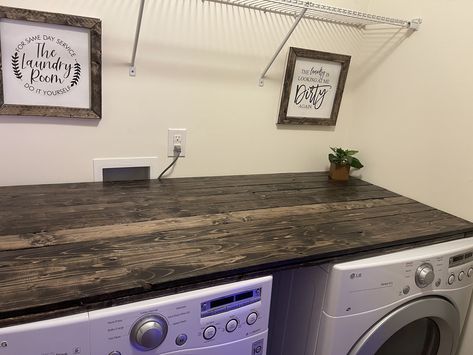 Laundry Furniture, Laundry Gifts, New Washer And Dryer, Laundry Ideas, Garage Laundry, Farmhouse Laundry, Small Laundry, Wood Table Top, Laundry Room Organization