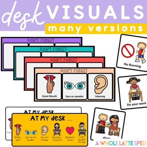 Behavior Visuals- Desk Reminders Desk Plate by A Whole Latte SpEd Behavior Reminders For Desk, Visuals For Special Education, Behavior Visuals, Behavioral Management, Sped Classroom, Self Contained Classroom, Behavior Interventions, Classroom Behavior Management, Data Tracking