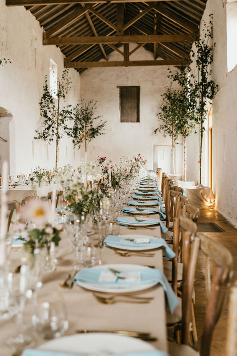 Blue and white wedding theme tablescape with white plates covered in pale blue napkins | blue wedding theme | wedding decor | blue wedding theme | wedding table decor | Jessica Hopwood Photography Pale Blue Wedding Theme, Blue And White Wedding Table, Blue And White Wedding Theme, Wedding Decor Blue, White Wedding Table Decor, White Wedding Table, Blue Wedding Theme, Pale Blue Wedding, Swedish Wedding