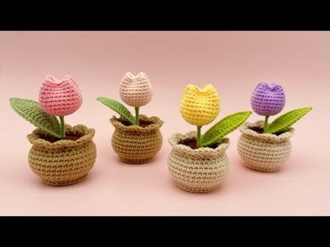 (15) How to Crochet a Mini Tulip Pot | Crochet Tutorial | US Term | for Advanced Beginner - YouTube Pot Crochet, How To Crochet, Crochet Tutorial, Crochet Ideas, Tulips, Amigurumi, Crochet, Flowers, Pattern