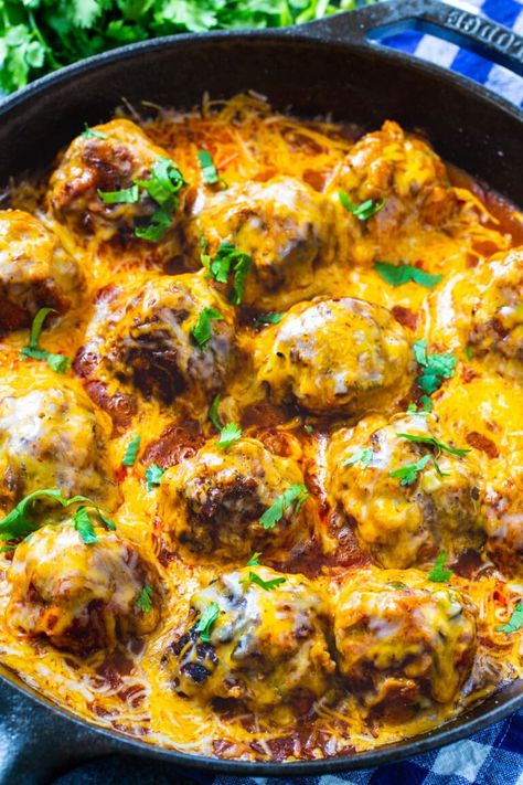 Tex Mex Meatballs coated in enchilada sauce and melted cheese. Tex Mex Meatballs, Spicy Southern Kitchen, Mexican Appetizers, Best Meatballs, Southern Kitchen, Southern Kitchens, Tex Mex Recipes, Trending Recipes, Enchilada Sauce