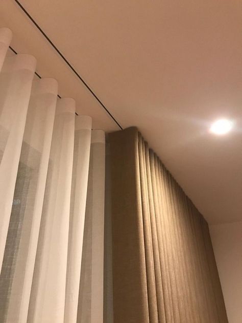 Hidden curtain tracks, the new trend! | ForestGroup.com Hidden Curtain Track, Recessed Curtain Track, Ceiling Mounted Curtain Track, Beige Curtains Living Room, Ceiling Mounted Curtains, Curtains Or Blinds, Apartment Curtains, Ceiling Curtain Track, Curtain Tracks