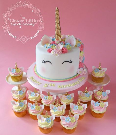 My first ever unicorn cake. I wonder who started off this craze? Tall vanilla sponge, with matching chocolate cupcakes with white chocolate buttercream. Unicorn Birthday Party Cake, Unicorn Desserts, Savory Cakes, Unicorn Birthday Party Decorations, Unicorn Themed Birthday Party, Cake Boutique, Unicorn Birthday Cake, Cake And Cupcakes, Unicorn Cake Topper