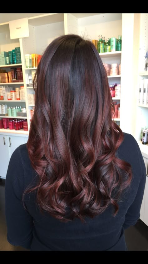 Berry Brunette Hair, Dark Brown Hair Balayage Auburn Red Ombre, Brown Red Violet Hair, Dark Red Brown Balayage, Burgandy Ombre Hair, Dark Brown To Red Balayage, Dark Brown Hair With Mahogany Balayage, Mohagony Hair Balayage, Violet Brunette Hair