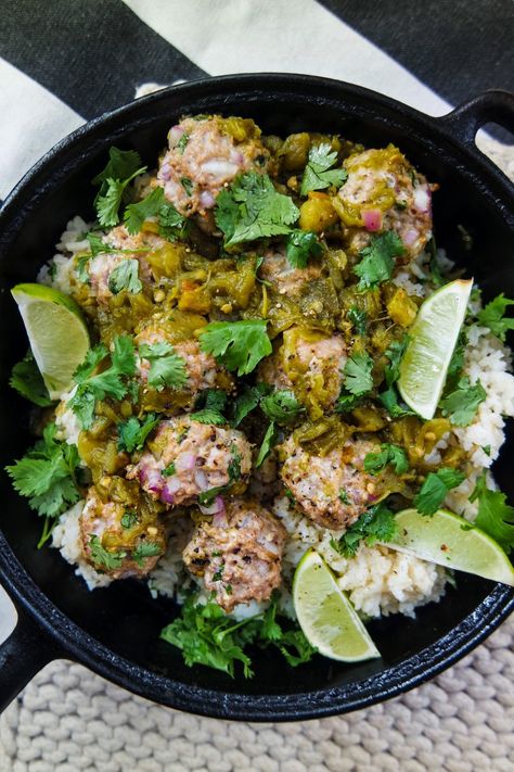 Mexican Meatballs with Cilantro Lime Rice - Rushing to the Kitchen Cilantro Lime Rice Recipe, Ground Turkey Meatballs, Mexican Meatballs, Meatball Dishes, Cilantro Recipes, Green Chile Sauce, Meatballs And Rice, Cilantro Rice, Cilantro Lime Sauce