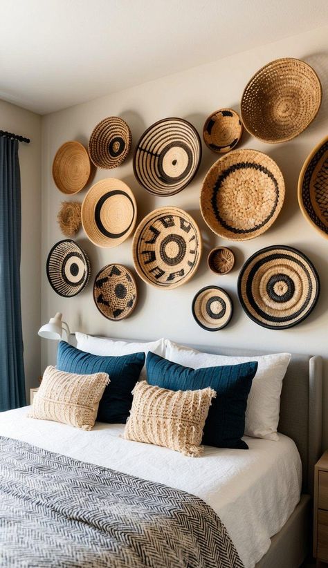 20 Gorgeous Bedroom Wall Decor Ideas You Need To See Boho Basket Wall Art, Creative Shelves, Wall Decor Above Bed, Bedroom Wall Decor Ideas, Wall Mounted Candle Holders, Statement Art Pieces, Wall Art Above Bed, Personalized Bedroom, Basket Wall Art