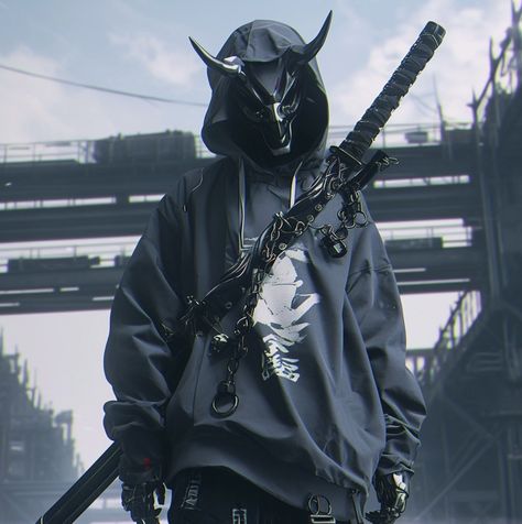 Tech Wear Anime, Black Oni Mask, Techwear Samurai, Tech Samurai, Cyberpunk Samurai, Techwear Ninja, Techwear Men, Oni Samurai, Streetwear Photoshoot