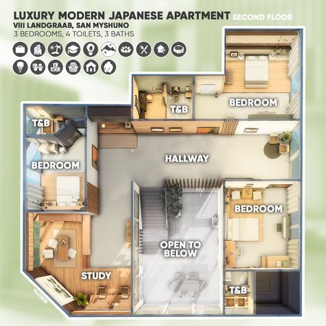 House Floor Plans Sims 4, House Floor Plans Sims, Floor Plans Sims 4, Modern Japanese Apartment, Japanese House Floor Plans, Japanese House Modern, Sims 4 Floorplan, Sims 4 Japanese House, Sims 4 Houses Layout