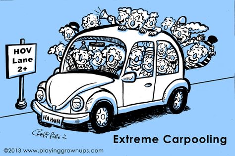 Savings Tip cartoon from http://playinggrownups.com! Extreme carpooling, clowns, hov lane Clown Car Drawing, Car Cartoon, Car Drawings, Mandala Drawing, Car Art, Fun Things To Do, Snoopy, Doodles, Humor