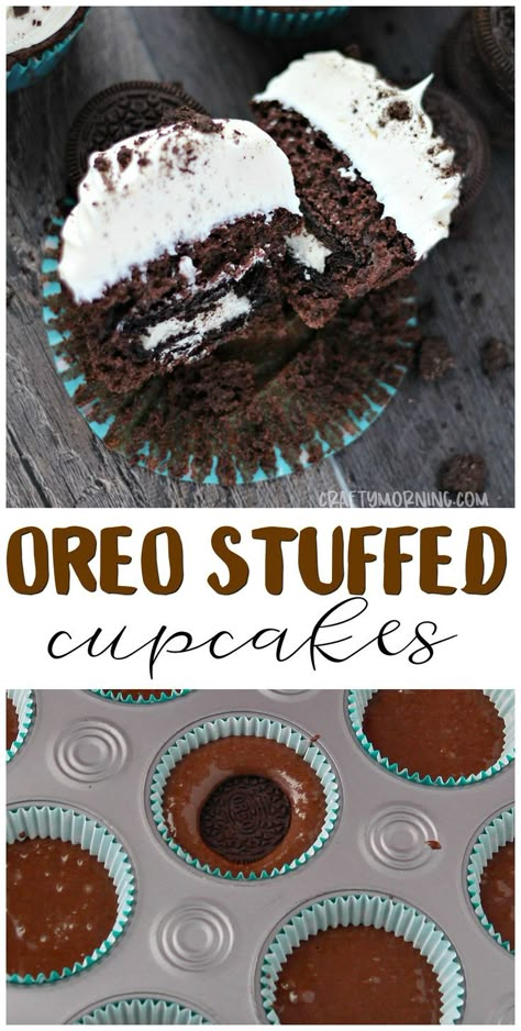 Oreo Cupcake Ideas, Oreo Filled Cupcakes, Oreo Chocolate Cupcakes, Oreo Stuffed Cupcakes, Oreo Cupcake Recipe Box Cake, How To Make Stuffed Cupcakes, Oreo Cookie Cupcakes Recipe, Chocolate Stuffed Cupcakes, Stuffed Cupcakes Recipes