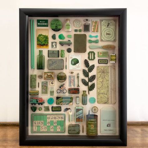 Unique Framing, Green Artwork, Memory Boxes, Shadow Box Art, Composition Design, Vintage Objects, Assemblage Art, Children's Toys, Shadow Boxes