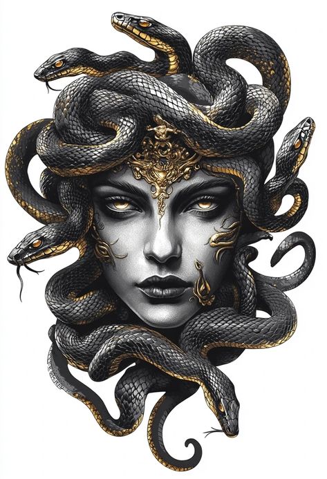 Medusa Bow And Arrow Tattoo, Medusa Tattoo Drawing Design, Medusa Artwork Greek Mythology, Madusa Drawings Beautiful, Medusa Head Drawing, Medusa Full Body, Black Medusa Tattoo, Medusa Back Tattoo, Feminine Medusa Tattoo