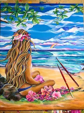 Paint Vibes, Hawaiian Painting, Surf Prints, Living In Hawaii, Beach Drawing, Hawaii Art, Mermaid Painting, Hawaiian Art, Surfboard Art