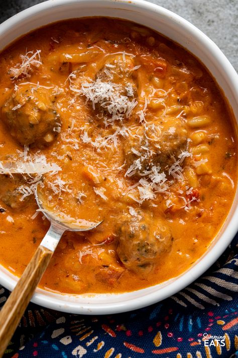 Autumnal Meals, Soup With Orzo Pasta, Garlic Chicken Meatballs, Healthy Homesteader, Creamy Tomato Orzo, Tomato Orzo Soup, Homesteader Recipes, Soup With Orzo, Tomato Orzo