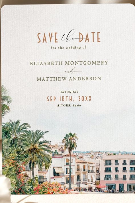 🏷️$2.81 📢There Are Always Discount For Every Purchase 🎁 Sitges Spain Destination Wedding Save-The-Date Invitation 🔥 #mediterraneanweddingannouncement #destinationweddingsavethedate #watercolorspanishweddingcard #romanticcoastalweddinginvitation #spainweddingsavethedate #elegantweddingannouncementcard #spanisharchitectureweddinginvitation #sitgesspainweddingsavedate #mediterraneandestinationwedding #softcolorpalettesavedate Spain Destination Wedding, Sitges Spain, Destination Wedding Spain, Destination Wedding Invitations, Sitges, Save The Date Invitations, Announcement Cards, Wedding Saving, Elegant Wedding