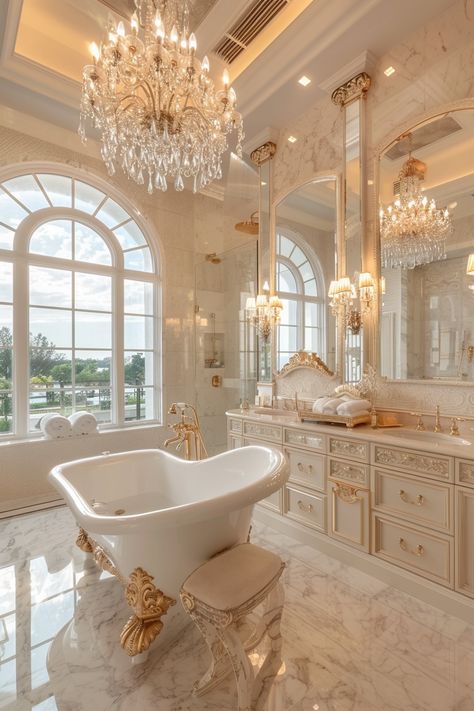 Step Inside Luxury: Elegant Gold & Marble Bathroom Oasis Luxury Bathroom Ideas, Royal Bathroom, Space Experience, Dream Life House, Freestanding Tub, Timeless Luxury, Dream House Rooms, Bathroom Design Luxury, Dream Bathrooms