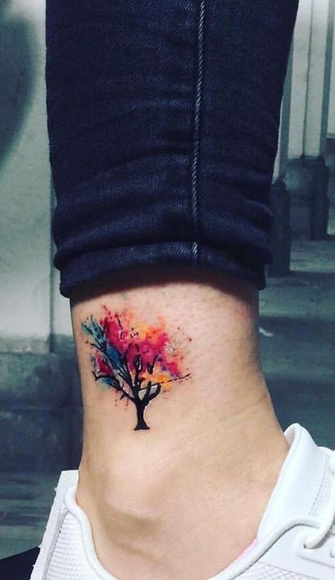 watercolor tree tattoo by Çağdaş Gümüş Tattoo Artist Watercolor Tree Tattoo, Maple Tree Tattoos, Floral Watercolor Tattoo, Tree Tat, Watercolor Tattoo Tree, Font Tato, Willow Tree Tattoos, Kunst Tattoos, Tree Tattoo Designs