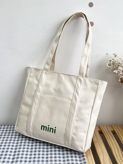 White Preppy Collar  Fabric Letter Shopper Bag Embellished   Women Bags Canvas Shopper Bag, Minimalist Tote Bag, Preppy Bags, Tote Bag With Pockets, School Tote, Printed Canvas Tote Bag, Professional Bag, Style Preppy, Graphic Tote