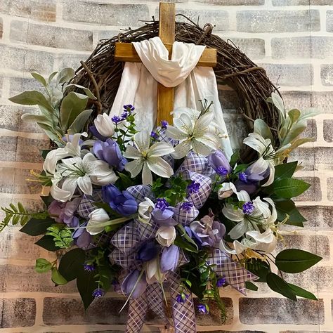 1pc, Easter Cross Wreath, Easter Wreath, Spring Wreath, Cross Front Door Wreath, Door Hanging Decoration Home Decor Room Decor | High-quality & Affordable | Temu Easter Wreath Cross, Wreath Cross, Door Hanging Decorations, Purple And White Flowers, Easter Spring Wreath, Cross Wreath, Swag Wreath, Cemetery Flowers, Easter Religious