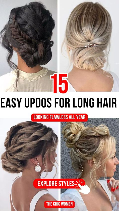 15 Easy Updos For Long Hair Women to try Easy Updos For Long Hair, Wedding Updos, Easy Updos, Messy Buns, Long Hair Updo, Bun Hairstyles For Long Hair, Wedding Updo, Long Hair Women, Trendy Wedding