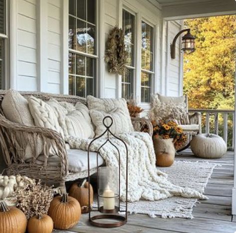 Fall Cozy Porch #fall #cozy #fallrecipes #falldecorating #fallfrontporchdecor #falloutfitideas #october #octoberwallpaper #octobervibes #fallwallpaper #wallartdecor #cozyhome #amazon #amazondeals #amazonshopping #amazonaffiliate Friendsgiving Bunco, Cozy Porches, Cozy Front Porch Ideas, Autumn Porch Decor, Beautiful Porches, Outdoor Porches, Pretty Porches, Cozy Porch, Fall Patio