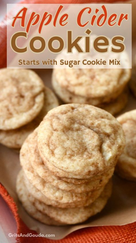 Apple cider cookies stacked on brown parchment. Cider Cookies, Betty Crocker Sugar Cookie Mix, Apple Cider Cookies, Apple Cider Drink, Spice Sugar Cookies, Chocolate Chip Pudding Cookies, Apple Recipes Easy, Sugar Cookie Mix, Spiced Apple Cider