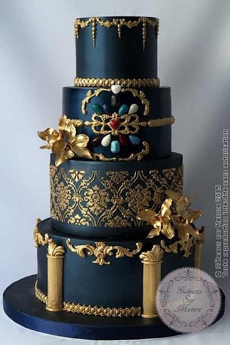 If you're groaning over "Gilt-y Pleasures," then I have a subtitle for you: "If it ... Wedding Cake Baroque, Blue And Gold Wedding, Kue Macaroon, Cake Stencil, Amazing Wedding Cakes, Sugar Cake, Glitter Cake, Gold Wedding Cake, Crazy Cakes