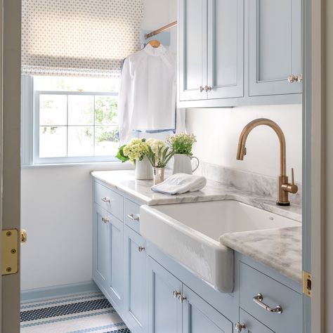 Laundry, Home, Decor Transitional Laundry Room, Custom Dog Houses, Laundry Nook, Blue Laundry Rooms, Bathroom Tile Ideas, Laundry Room Ideas, Creative Bathroom, Patterned Floor Tiles, Blue Cabinets