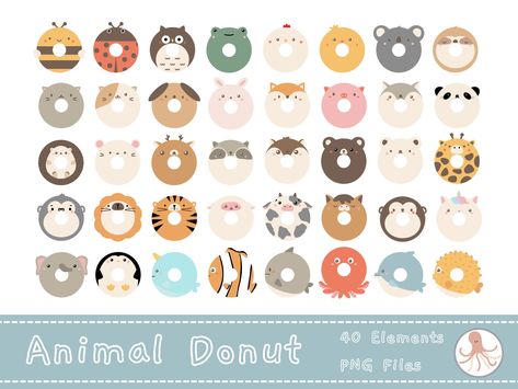 Donut Animals, Donut Png, Donut Illustration, Donut Clipart, Kawaii Donut, Cute Donuts, Animal Png, Cute Animal Clipart, Donut Party