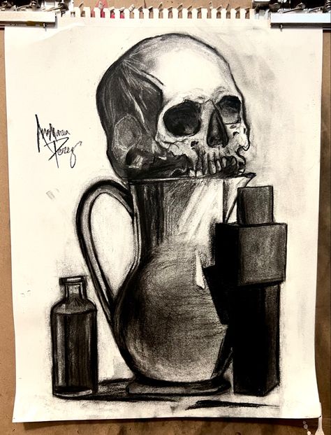 Charcoal Still Life Drawing of Skull, Pitcher, Blocks and Glass Potion Bottle. My favorite charcoal still life from the program. Skulls Drawing, Still Life Drawing, Potion Bottle, Life Drawing, Be Still, Still Life, Glass, Drawings, Art