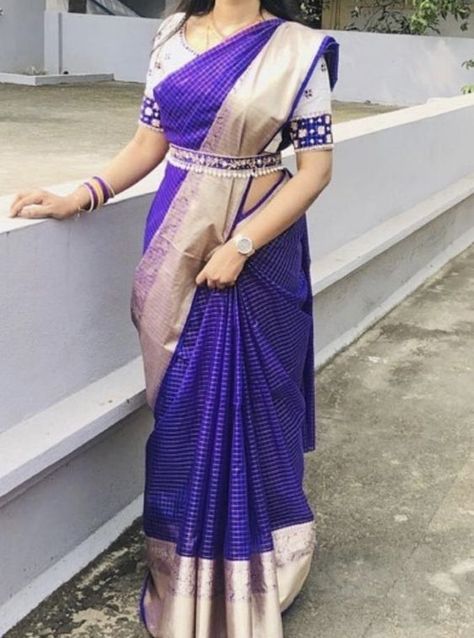 Blue Saree With White Blouse, Saree With White Blouse, Blouse With Mirror Work, Draping Ideas, Silk Saree Blouse Designs Patterns, Saree With Belt, Saree Ideas, Blouse Designs High Neck, Cutwork Blouse