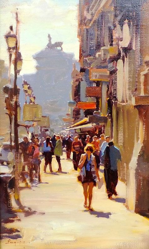 Oil Painting App, Kim English, Urban Painting, People Walking, City Painting, English Art, City Scene, Cityscape Painting, Paintings I Love