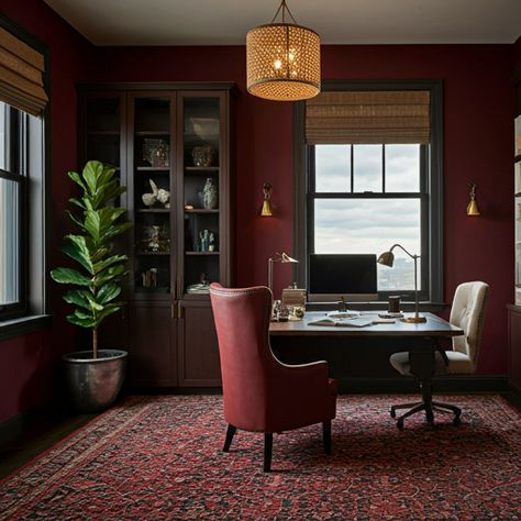 Red Study Room, Burgundy Office Decor Ideas, Dark Red Office, Burgundy Office, Dark Academia Office, Luxurious Home Office, Dream Home Office, Red Office, Gold Office