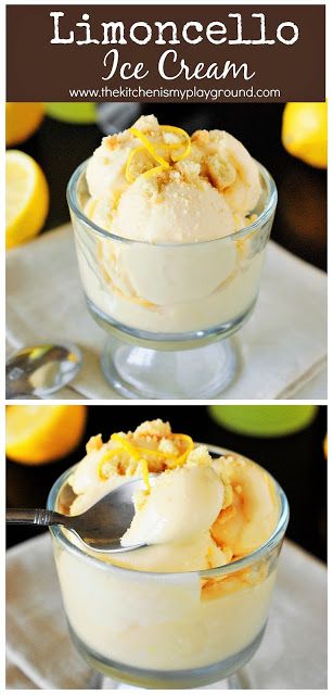 Easy Limoncello Lemon Ice Cream ~ 3 simple ingredients deliver up incredibly delicious lemony flavor!  {and no machine needed} #icecream #Limoncello #easyicecream #nochurnicecream  www.thekitchenismyplayground.com Lemoncello Dessert, Limoncello Ice Cream, Limoncello Desserts, Limoncello Recipe, Italian Ice Cream, Lemon Bar, Lemon Ice Cream, Lemon Ice, Easy Ice Cream