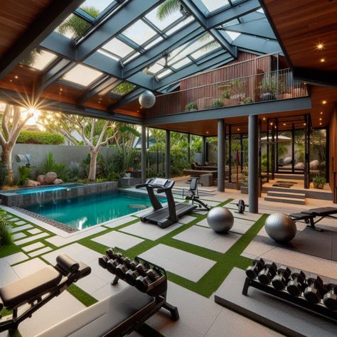 Transform your backyard into a fitness paradise with a custom gym and pool. Perfect for seamless indoor-outdoor workouts! #HomeGymIdeas #PoolsideFitne #PoolParty #SwimmingPool #PoolTime Dream Pools Luxury Indoor, Home Gym Design Luxury, Outdoor Home Gym, Dream Home Gym, Home Gym Design, Dream Pools, Beach House Design, Indoor Swimming, Gym Design